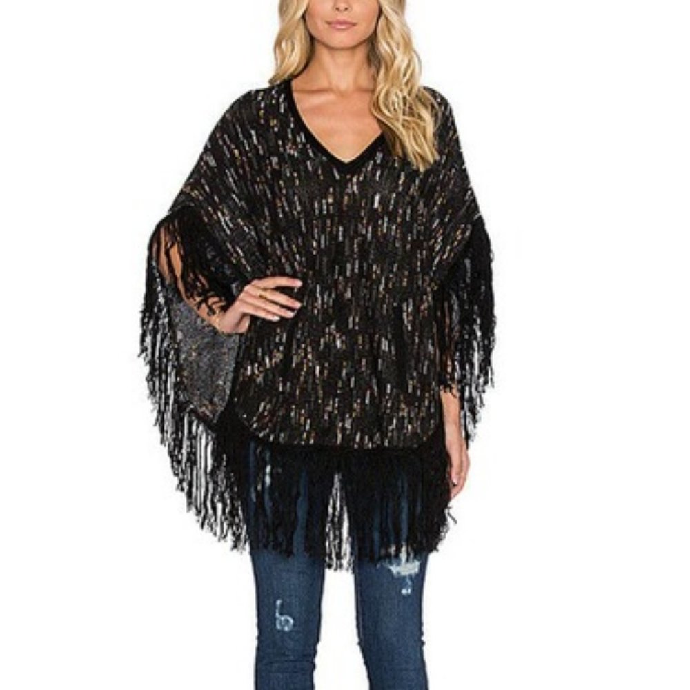 Ella Moss Multi Black Fringed Poncho, Size XS/S